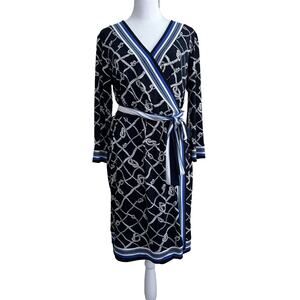 NY&Co Jersey Faux Wrap Dress Nautical Navy Blue White 3/4 sleeve V-Neck Rope M